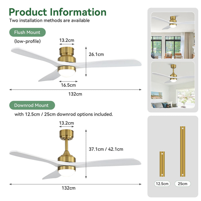 52" Ceiling Fan With Light And DC Motor, Flush Mount / Downrod, Ideal For Living Room - Gold / White