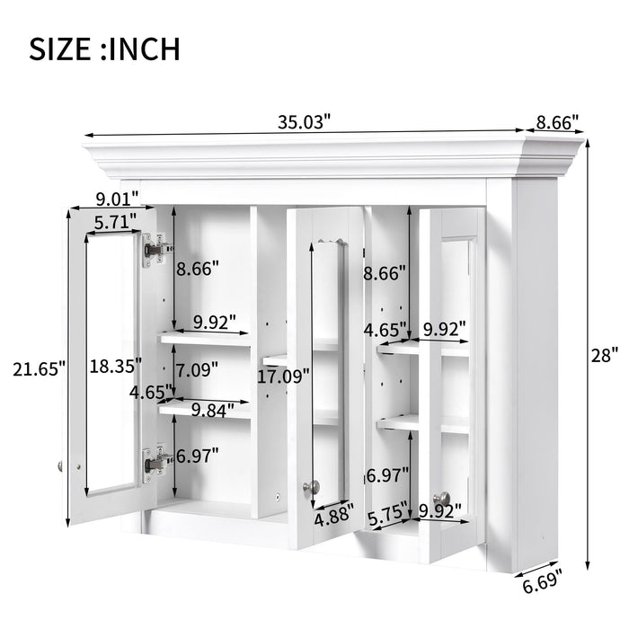 Bathroom Medicine Cabinet With Mirror, 5 Adjustable Closed Shelves, Wall-Mounted - White